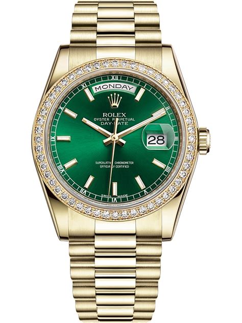 rolex green face day date gold w diamonds|rolex green dial day date.